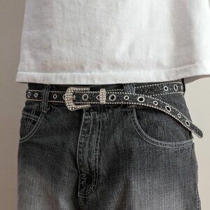 y2k black rhinestone western buckle glitter belt — 2000s glam rock style